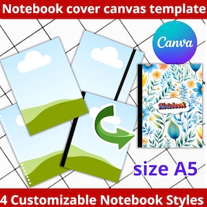Può includere: Un modello digitale per copertine di quaderni A5 con quattro stili distinti. Tre design mostrano un cielo blu con nuvole bianche e colline verdi. Un design presenta un motivo floreale con foglie blu e gialle e la parola Notebook in una nuvola.