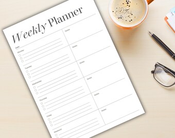 May include: A white weekly planner sheet with black text featuring a header that reads Weekly Planner, a date line, and sections for Monday through Weekend with bullet points and lines, alongside a notes column for each day of the week.