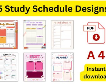May include: A digital collection of 5 study schedule designs in A4 format, presented as PDF files for download. The set includes various planner templates with colorful graphics, organized sections for subjects, goals, and notes, and text labels.