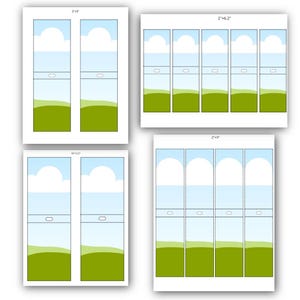 May include: Four sheets of paper with landscape designs. Each sheet has a blue sky with white clouds, a green field, and a dotted line for cutting. The sheets are 3"x9", 2"x6.2", 10"x3.5", and 2"x9".