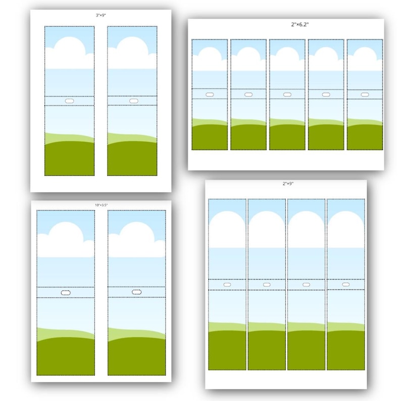May include: Four sheets of paper with landscape designs. Each sheet has a blue sky with white clouds, a green field, and a dotted line for cutting. The sheets are 3"x9", 2"x6.2", 10"x3.5", and 2"x9".