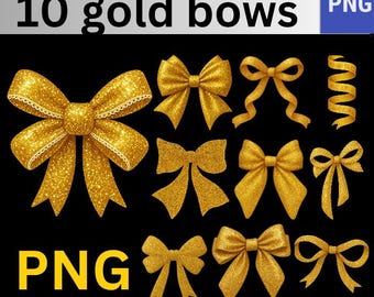 May include: A collection of 10 gold bows with a glittery texture, including various shapes and styles such as wide loops, thin ribbons, and curled streamers, all displayed against a black background with the text 10 gold bows PNG.