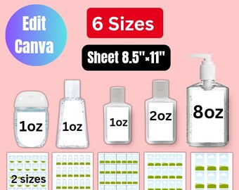 May include: A digital hand sanitizer label template bundle featuring text that reads Hand Sanitizer Label template Bundle, 6 Sizes, Sheet 8.5"x11", Edit Canva, 1oz, 2oz, 8oz, 2 sizes, Svg, png, pdf, Canva. Includes graphics of five clear bottles and five label sheets.