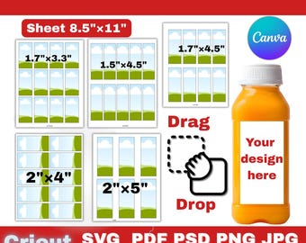 May include: A digital template for juice bottle labels featuring various sizes including 1.7"x3.3", 1.5"x4.5", 1.7"x4.5", 2"x4", and 2"x5" on an 8.5"x11" sheet. Includes a graphic of an orange juice bottle with a white label area.