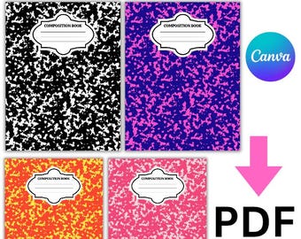May include: Four composition notebook covers featuring a speckled pattern in black and white, blue and pink, orange and yellow, and pink and white. Each cover includes a central white label with the text Composition Book and lines for writing.