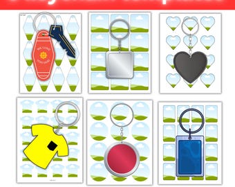 May include: Six keychain templates with various shapes and designs, including a key, a square, a heart, a t-shirt, a circle, and a rectangle. The text "6 keychain templates" and "100% editable Canva software" are displayed.