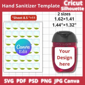 May include: Hand sanitizer template with a sheet of labels and a hand sanitizer bottle. The sheet is 8.5" x 11" and includes a Canva edit circle. The bottle is red with a black cap and a white label that says "Your Design here."
