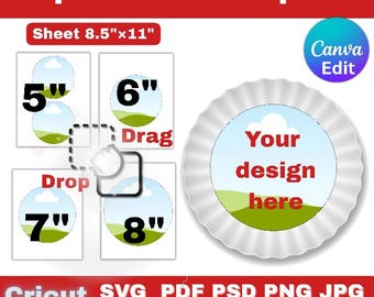 May include: Paper plate template with sizes 5", 6", 7", and 8" on a white background. The template includes a sheet size of 8.5" x 11" and a design area with the text "Your design here". Includes file types SVG, PDF, PSD, PNG, JPG.
