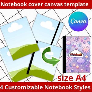May include: A digital notebook cover canvas template featuring four A4 notebook styles. Three templates show a blue sky with white clouds and green hills. One template displays a purple floral pattern with stars, clouds, and the text Notebook.