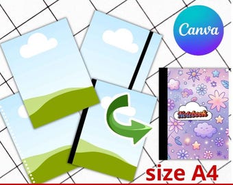 May include: A digital notebook cover canvas template featuring four A4 notebook styles. Three templates show a blue sky with white clouds and green hills. One template displays a purple floral pattern with stars, clouds, and the text Notebook.