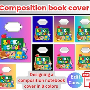 Pode incluir: Uma coleção de capas de cadernos de composição em várias cores, cada uma com um design "Volta às Aulas" com uma maçã, livros e uma mochila. As capas são rosa, azul, preto e amarelo, com uma etiqueta branca no topo.