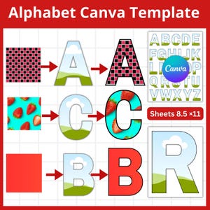 May include: A Canva template featuring the alphabet, with letters A, B, C, and R highlighted. The letters showcase various designs, including patterns and images of strawberries. The template includes the text "Alphabet Canva Template" and "Sheets 8.5 x 11".