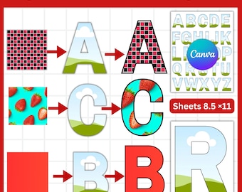 May include: A Canva template featuring the alphabet, with letters A, B, C, and R highlighted. The letters showcase various designs, including patterns and images of strawberries. The template includes the text "Alphabet Canva Template" and "Sheets 8.5 x 11".