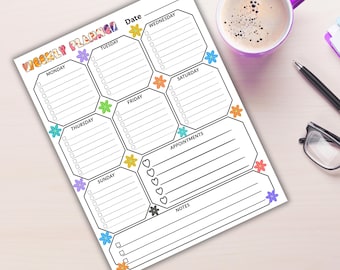 May include: A white weekly planner sheet with black text and lines, featuring sections for each day of the week, appointments, and notes. The design includes colorful floral accents and checkboxes for tasks, with the title Weekly Planner at the top.