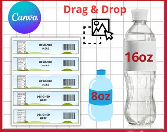 Editable Water Bottle Label Template, 8oz 16oz Wraps (Canva PDF)