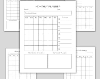 May include: A collection of five white monthly planner pages with black text and grid lines. Each page features a header labeled Monthly Planner, a section for Month and Year, a goal box, a seven-column calendar grid, a to-do list, and note boxes.