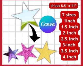 May include: A template bundle for star labels with the text "Star labels template bundle". The image includes star shapes in various colors and sizes, ranging from 1 inch to 4 inches. The image also includes the text "sheet 8.5" x 11"" and the Canva and Cricut logos.