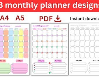 May include: Three monthly planner designs in A4 and A5 sizes as a PDF instant download. The planners feature a grid layout with days of the week, a to-do list, and a notes section. The designs include one colorful version, one with floral accents, and one black and white version.