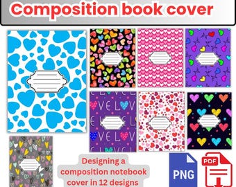 May include: A collection of twelve composition book covers featuring various heart patterns in colors including blue, pink, purple, and black. Each cover includes a central white rectangular label with horizontal lines for writing a name or subject.