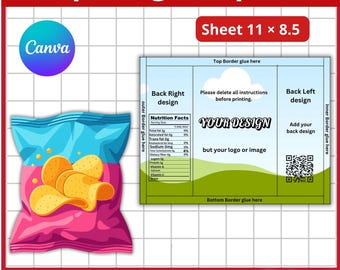 May include: A template for a chips bag design, featuring a pink and blue bag with golden chips. The design includes areas for nutrition facts, a QR code, and the text "YOUR DESIGN". The sheet size is 11 x 8.5 inches.
