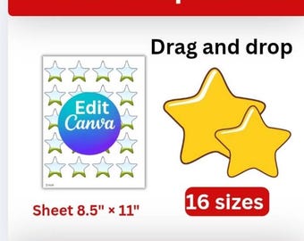 May include: A digital template bundle for star stickers. The design includes a sheet of star stickers, two yellow stars, and the text "Drag and drop". The sheet size is 8.5" x 11" and offers 16 sizes. The template is available in PSD, PNG, PDF, SVG, and Canva formats.