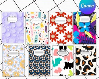 May include: A collection of composition notebooks with various cover designs. The covers feature patterns like floral, abstract shapes, and a water droplet effect. The text "Custom compositionbook cover" and "A5size...10 Cover and Back Styles" are visible.