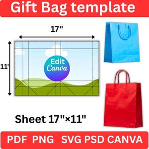 May include: A gift bag template with a sheet measuring 17" x 11". The design includes a landscape illustration and a "Edit Canva" button. Two gift bags, one blue and one red, are shown. Text includes "Gift Bag template" and "PDF PNG SVG PSD CANVA".