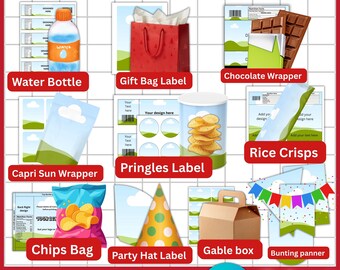 May include: A digital graphic bundle featuring party favor designs. Includes labels for water bottles, gift bags, Capri Suns, chocolate bars, rice crisps, Pringles, chips, party hats, gable boxes, and bunting banners. Formats: SVG, PDF, PSD, PNG, JPG.