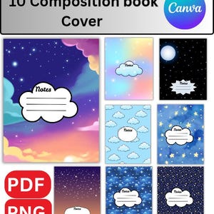 May include: A collection of ten composition book covers featuring various celestial and cloud-themed designs. Each cover includes a white cloud-shaped label with the word Notes and horizontal lines for writing, presented in PDF and PNG formats.