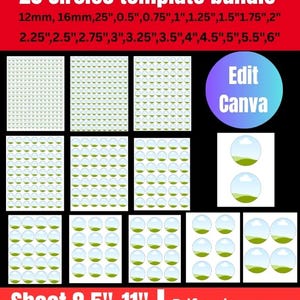 May include: A 20 circles template bundle for Canva featuring various sizes from 12mm to 6 inches. The digital sheet includes multiple layouts of circular frames with a landscape graphic on an 8.5 inch by 11 inch page, available in PDF, PSD, PNG, and SVG formats.