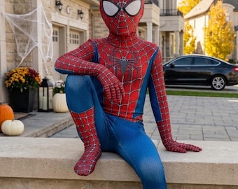Fantasia de Homem-Aranha para Crianças – Macacão Vermelho e Azul com Máscara, Ideal para Cosplay de Halloween e Crianças Pequenas.