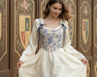 Top Corset Estampado Floral Azul – Corpete Renascentista, Fecho de Cadarço nas Costas, Corset Cottagecore, Roupa Medieval para Feira, Traje LARP, Top Fairycore