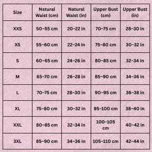 Puede incluir: Una tabla de tallas con medidas en cent&iacute;metros y pulgadas. La tabla incluye tallas desde XXS hasta 3XL, con medidas correspondientes de cintura natural y contorno de busto. Ideal para el tallaje de prendas.