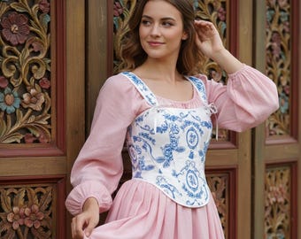 Corpete floral de porcelana estilo renascentista – Colete com amarração estilo cottagecore, traje medieval para feiras, roupa para LARP, corpete de inspiração vintage.