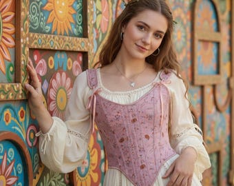 Top corpete floral renascentista – Colete com amarração estilo cottagecore e fairycore, traje medieval para LARP, roupa para feira renascentista