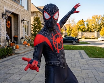 Fantasia do Homem-Aranha em preto e vermelho para adultos – Macacão de super-herói de corpo inteiro, traje de cosplay de quadrinhos com máscara, roupa para festa de Halloween