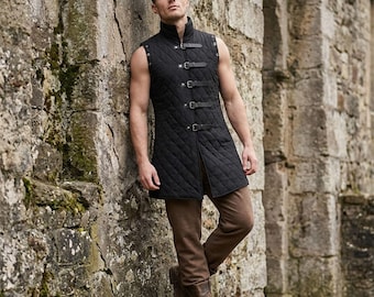 Colete LARP acolchoado masculino – Gambesão de armadura medieval, traje para feira renascentista, túnica para cosplay de fantasia