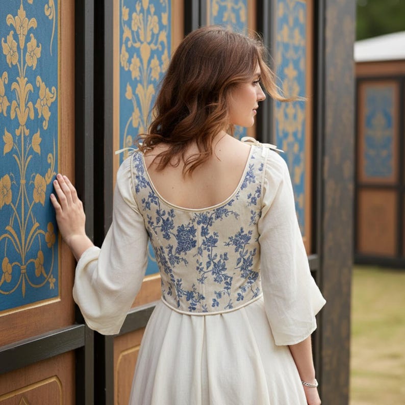 Back view of floral linen corset bodice showing structured fit, adjustable straps, and medieval fantasy design