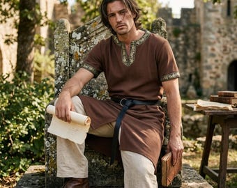 Túnica Medieval – Túnica para Traje Viking, Roupa para Festivais Renascentistas, Traje de Fantasia para LARP, Topo Bordado Masculino