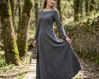 Vestido medieval de manga comprida – Vestido para cosplay LARP, traje para feira renascentista, vestido maxi boho vintage, roupa verde-bordô de fantasia