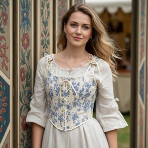 Blue floral cotton linen corset top worn at Renaissance fair, lace-up bodice with romantic medieval style