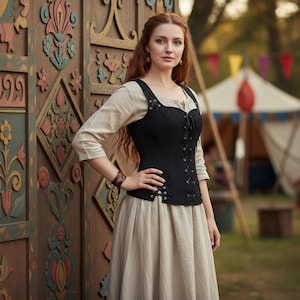 May include: A woman wearing a black corset with a cream-colored blouse and a long beige skirt. The corset has a lace-up front. She is standing in front of a wooden door with carved floral designs. The background includes a tent and colorful flags.