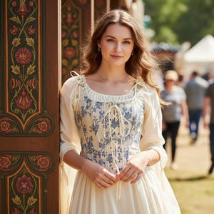 Puede incluir: Vestido color crema con cors&eacute; de estampado floral azul y cordones frontales. El vestido tiene mangas largas. El fondo incluye una puerta de madera con dise&ntilde;os florales y personas.