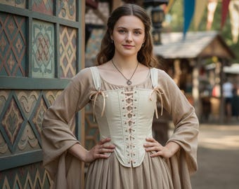 Renaissance LARP Bodice Corset – Medieval Lace-Up Overbust Vest, Festival Faire Costume Top, Cottagecore Fantasy Cosplay Clothing
