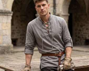 Camisa túnica medieval para hombre – Disfraz de feria renacentista, top vikingo para LARP, camisa de cosplay pirata, blusa campesina de fantasía