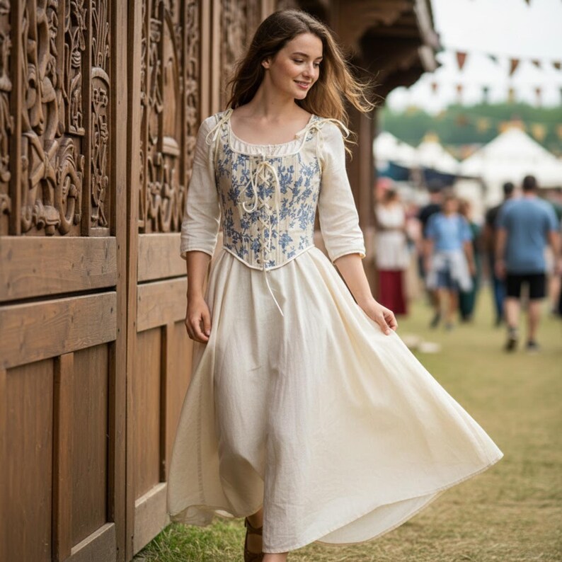Puede incluir: Un vestido color crema con un corpi&ntilde;o con estampado floral azul y mangas tres cuartos. El vestido tiene un top estilo cors&eacute; y una falda fluida. La mujer camina afuera cerca de una estructura de madera, posiblemente en una feria renacentista.