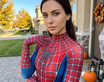 Fantasia feminina do Homem-Aranha – Macacão vermelho e azul com estampa de teia, roupa de cosplay de super-heroína para adultos, ideal para o Halloween e convenções de quadrinhos.