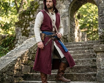 Túnica medieval com capuz – Túnica LARP de algodão, Traje de guerreiro de fantasia, Roupa para feira renascentista, Traje viking, Roupa para cosplay