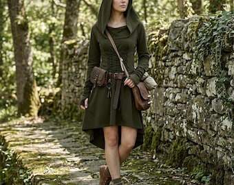 Vestido Medieval com Capuz – Fantasia com Cadarço para Cosplay, Roupa Medieval para Feira, Traje de Bruxa para LARP, Vestido para Festival Renascentista