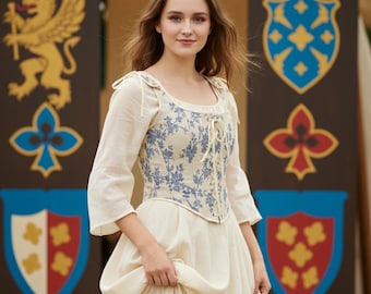 Corpete floral – Top estilo cottagecore renascentista, colete medieval com amarração, fantasia de fada para LARP